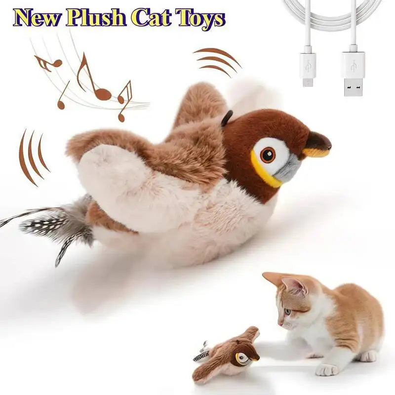 Jouet Interactif Chat Chien Oiseau Simulé - Peluche Rechargeable Bat les Ailes & Chante