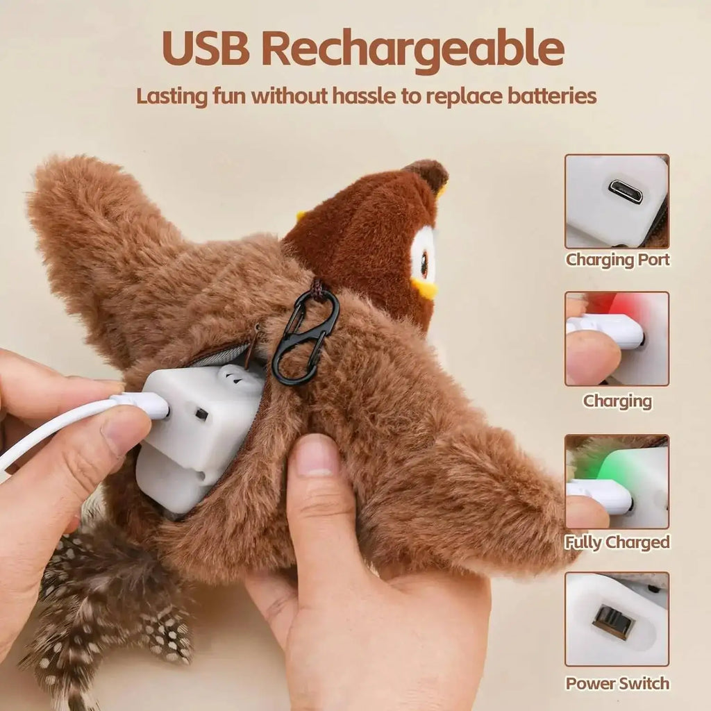Jouet Interactif Chat Chien Oiseau Simulé - Peluche Rechargeable Bat les Ailes & Chante