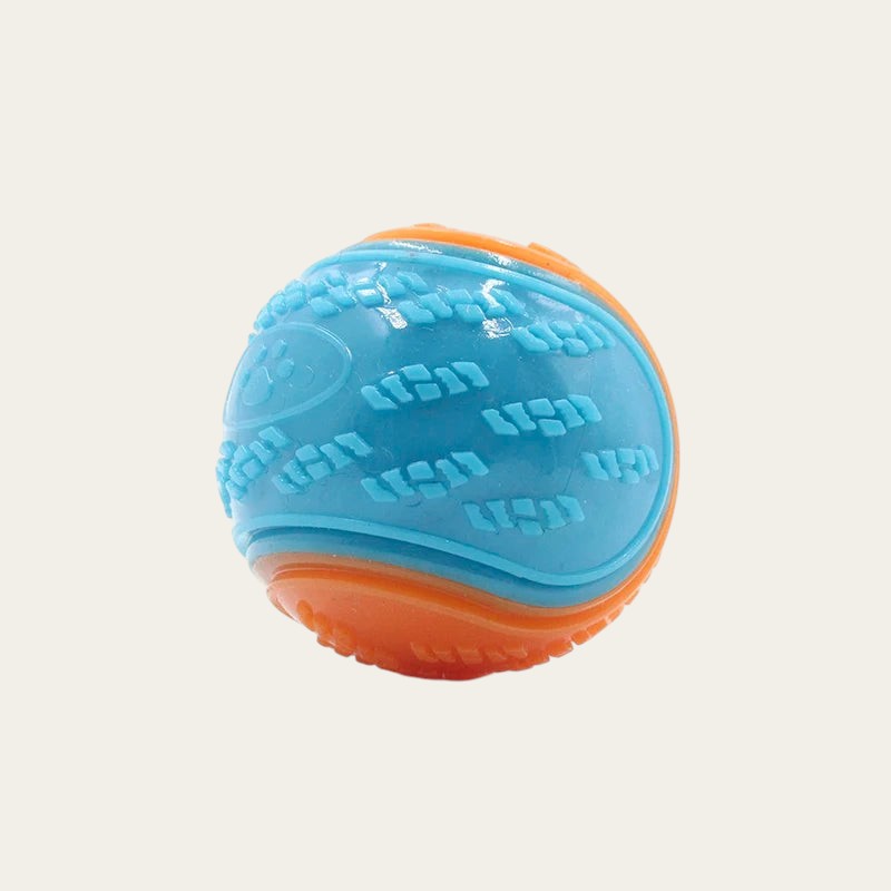 Balle grinçante Pelorie en TPR bleu et orange avec texture texturée pour chien