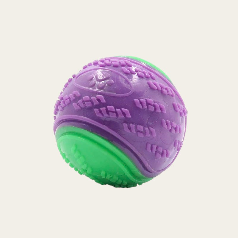 Balle grinçante Pelorie en TPR violet et vert avec texture à motifs pour chien