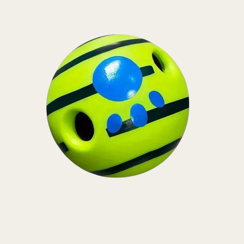 Balle interactive sonore Pelorie jaune et bleue pour chien avec ouvertures pour stimuler le jeu actif
