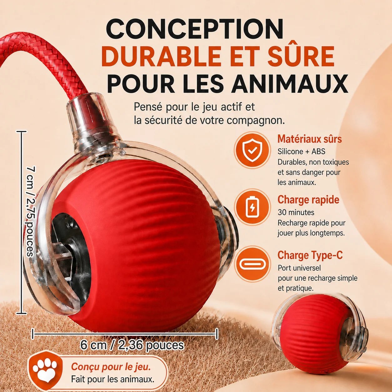 Balle interactive Pelorie rouge en silicone et ABS, rechargeable par USB, conçue pour le jeu actif des chiens.