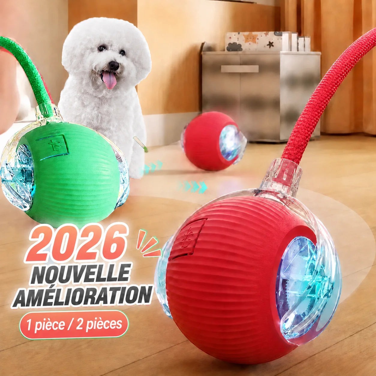 Balle interactive Pelorie rechargeable pour chien avec trajectoires aléatoires et lumières LED, chien bichon en fond
