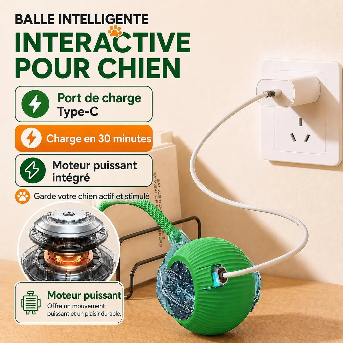 Balle interactive Pelorie verte rechargeable par USB avec moteur puissant pour chien
