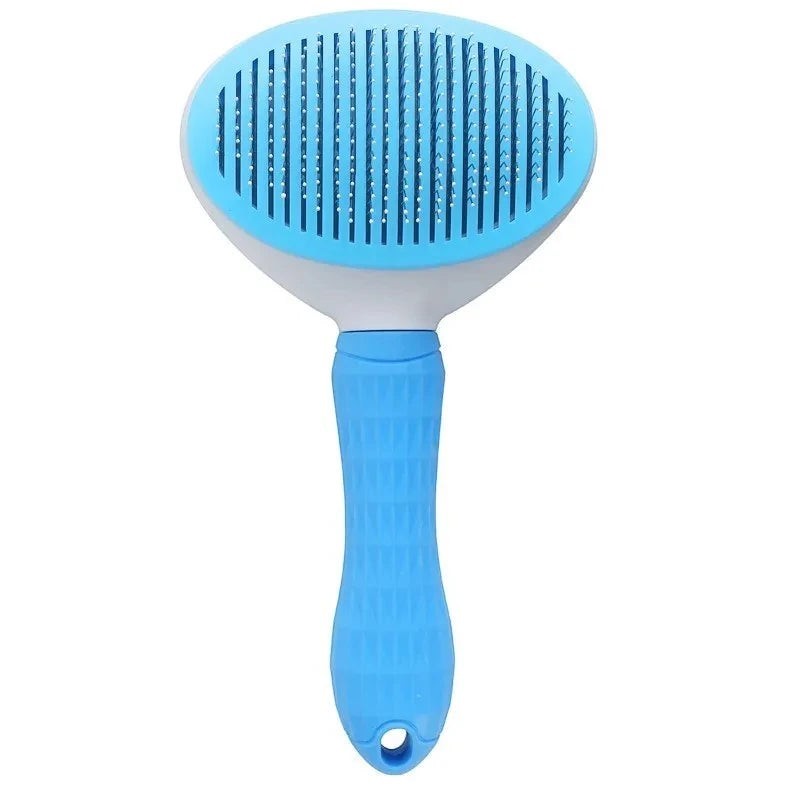 Brosse autonettoyante Pelorie bleue pour chien et chat avec picots fins et bouton poussoir