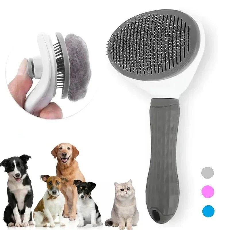 Brosse autonettoyante Pelorie pour chien et chat avec picots fins et bouton poussoir pour retirer les poils