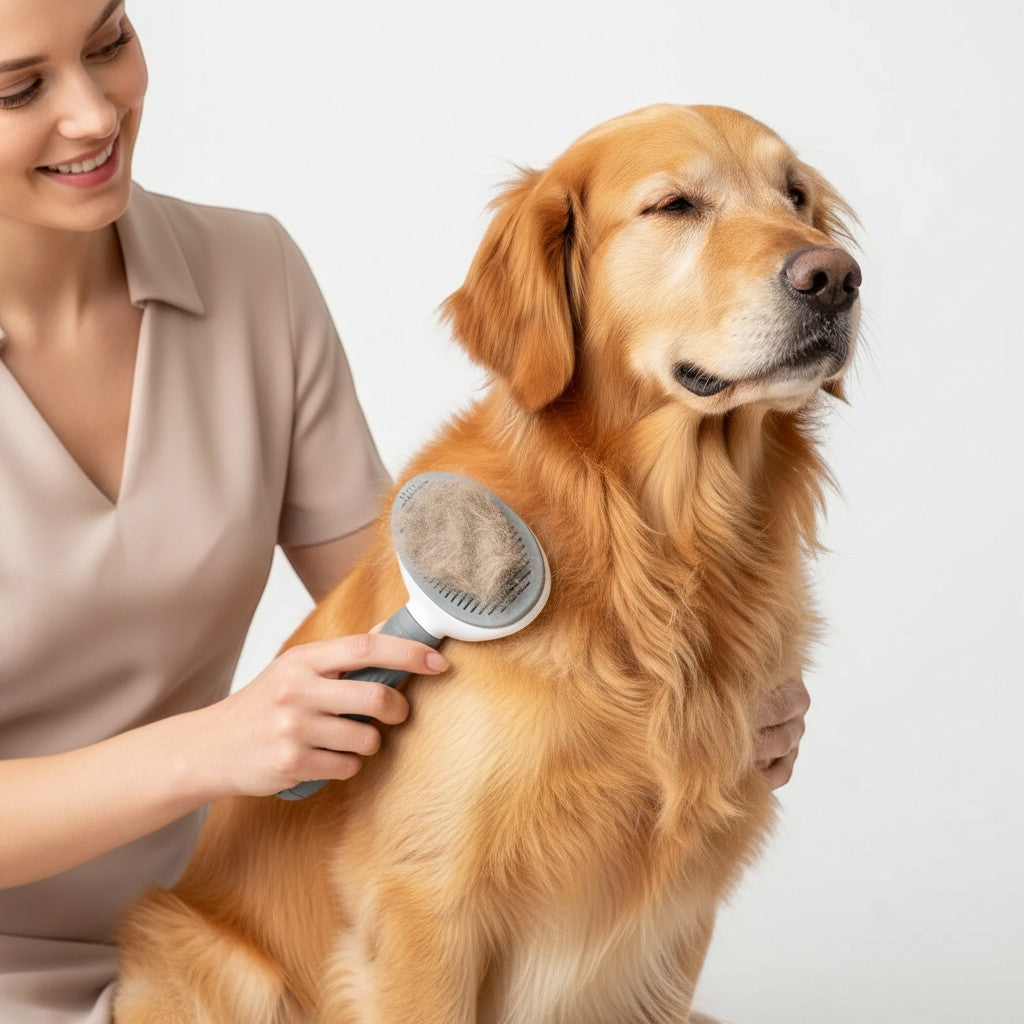 Une femme utilise la brosse autonettoyante Pelorie grise pour brosser le pelage d'un chien Golden Retriever