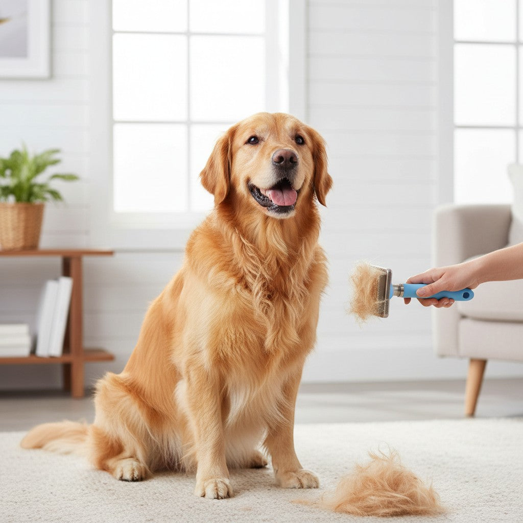 Brosse autonettoyante Pelorie bleue utilisée sur un Golden Retriever pour retirer les poils morts dans un salon