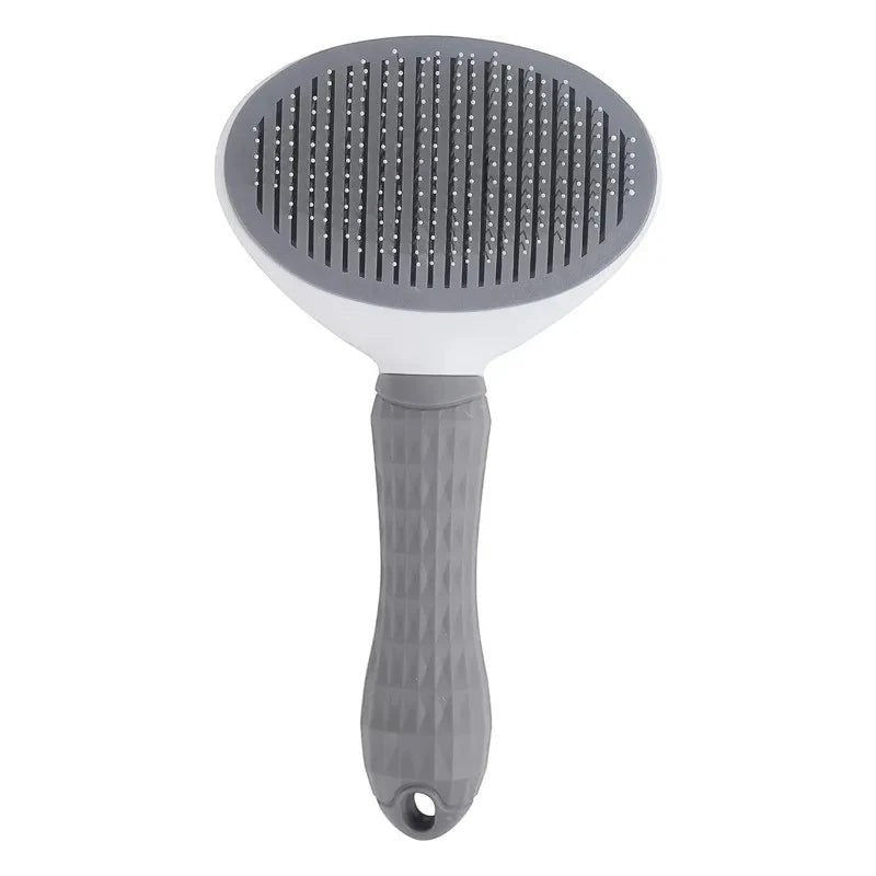 Brosse autonettoyante Pelorie grise pour chien et chat avec picots fins et bouton poussoir pour retirer les poils