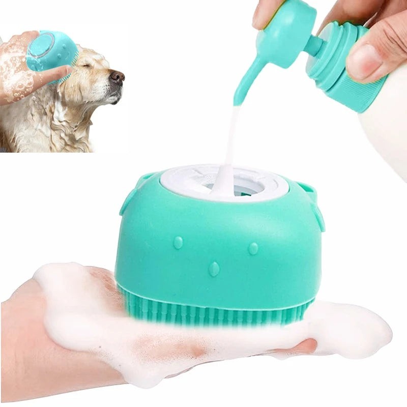 Brosse de bain Pelorie en silicone bleu pour chien et chat avec distributeur de shampoing intégré