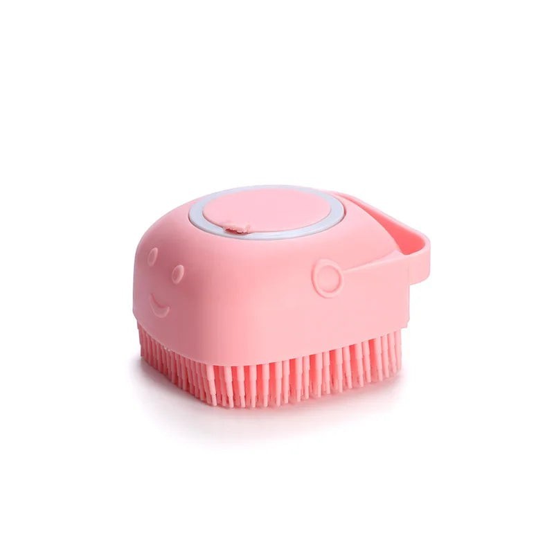 Brosse de bain Pelorie en silicone rose pour chien et chat avec picots souples et réservoir à shampoing