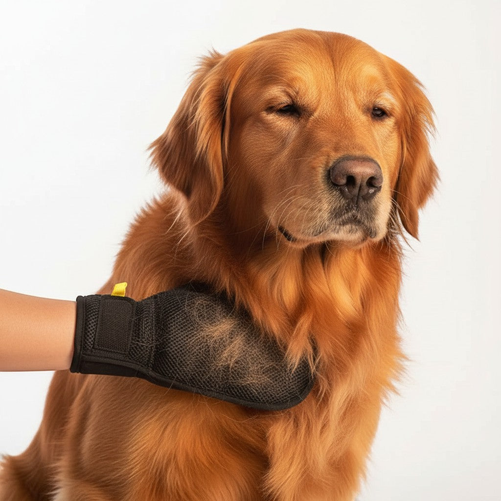 Gant anti-poils réutilisable Pelorie noir pour nettoyer les textiles, porté sur la main près d'un Golden Retriever