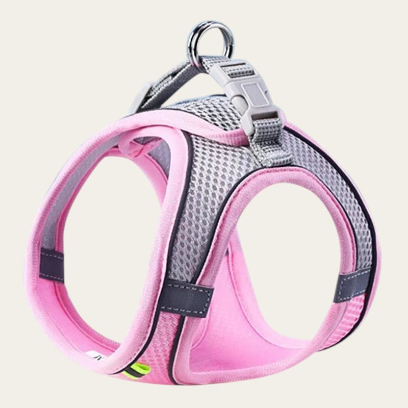 Harnais Pelorie rose et gris en nylon respirant avec bandes réfléchissantes pour chien et chat
