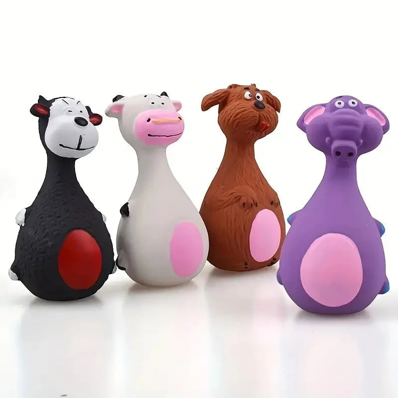 Quatre jouets à mâcher Pelorie en caoutchouc souple en forme d'animaux colorés pour chiens de petite et moyenne taille