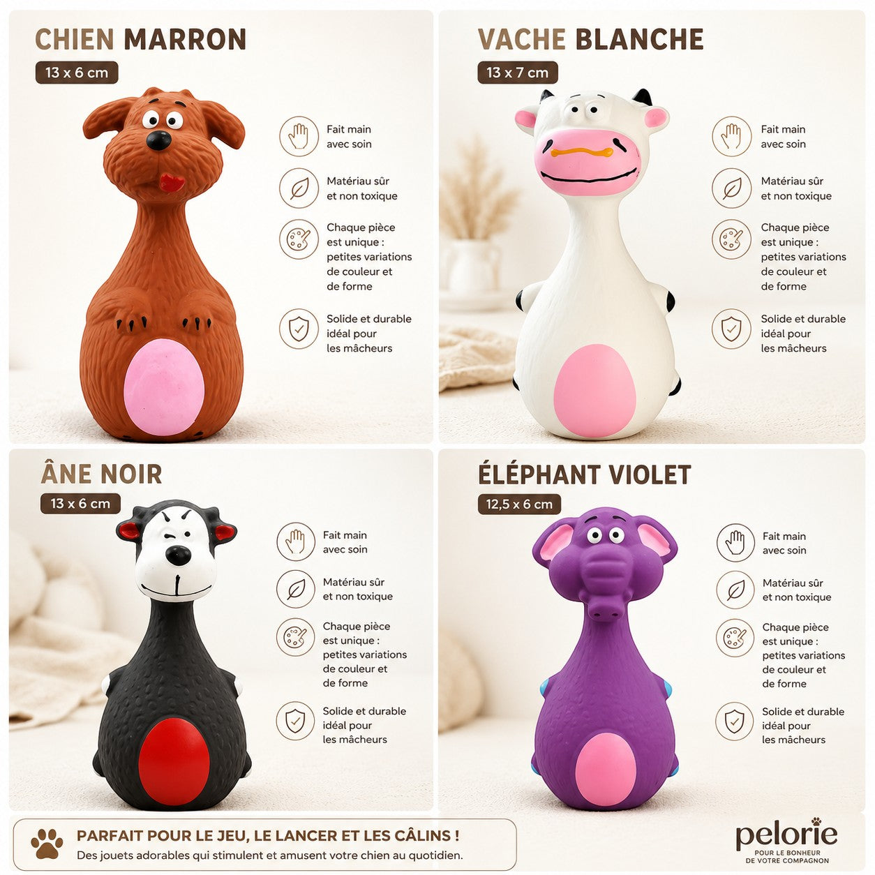 Jouets à mâcher Pelorie en caoutchouc souple pour chien, disponibles en formes d'éléphant, âne, vache et chiot.