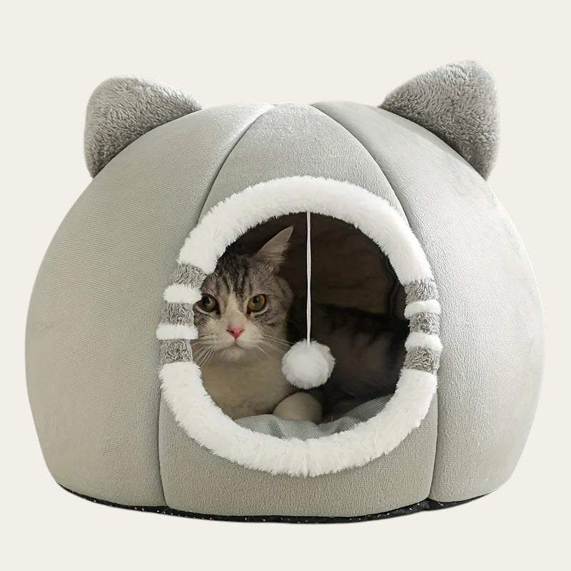 Niche fermée Pelorie grise en forme de tête de chat avec un chat à l'intérieur, intérieur doux et douillet