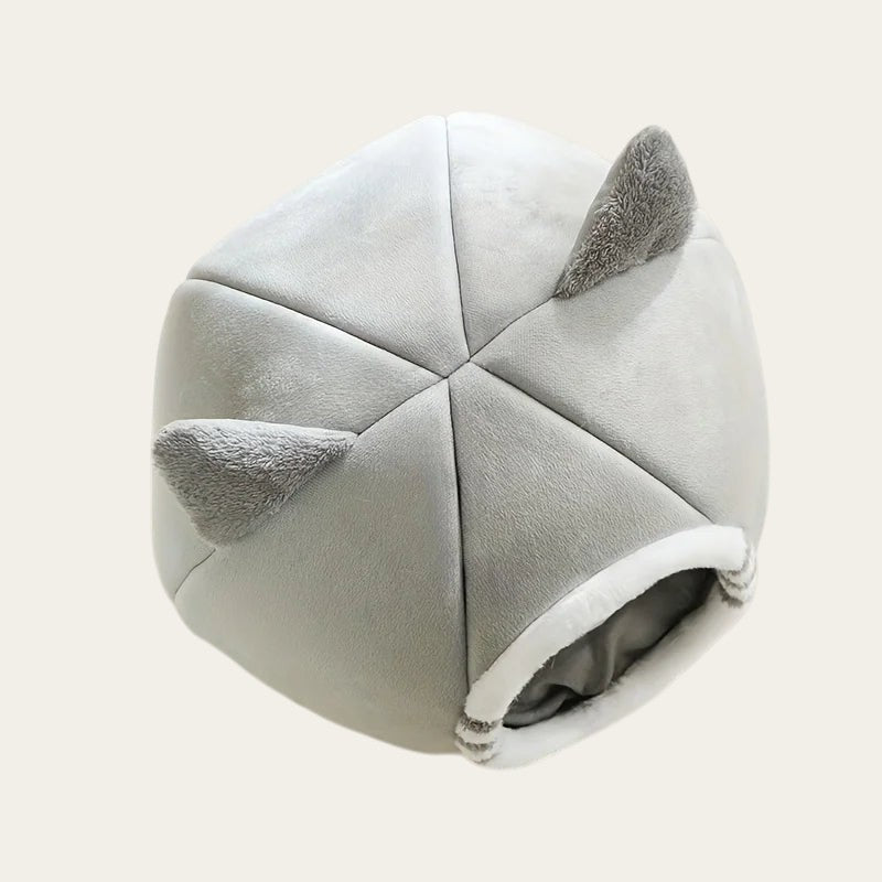 Niche fermée Pelorie grise en forme de maisonnette avec oreilles pour chat et chaton