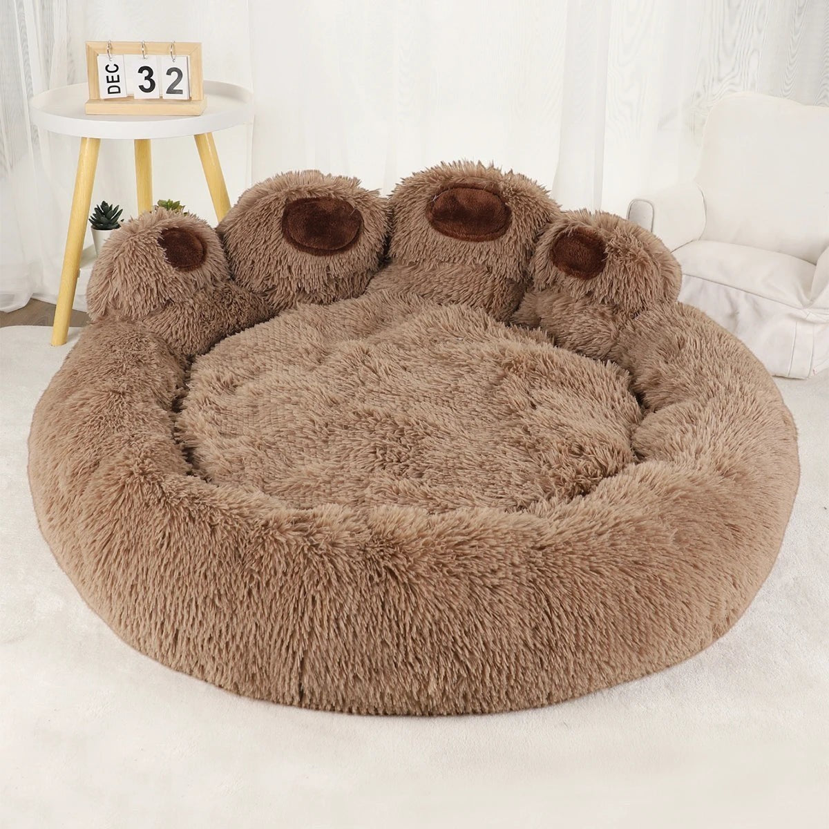 Panier Pelorie moelleux pour chien et chat en forme de patte d'ours marron en peluche douce et enveloppante